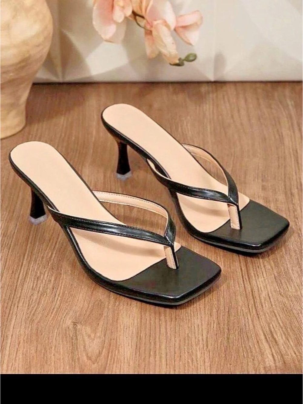 Black Square Toe Kitten Heel Sandals